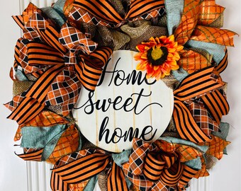 Farmhouse Thanksgiving mesh front door wreath - orange brown burlap wreath for fall - fall wreaths thanksgiving  - autumn wreath Homw Decor