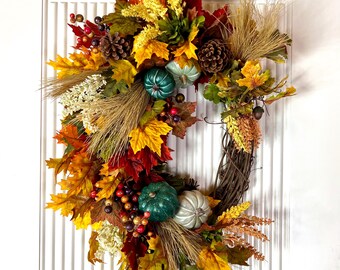 Farmhouse Fall Wreath: Handcrafted Autumn Door Decor with Silk Flowers