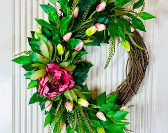 Spring-Inspired Watermelon Peony Tulip Wreath - Add Elegance to Your Home Decor Brighten Your Home with a Tulip Wreath - Tulip Peony Design