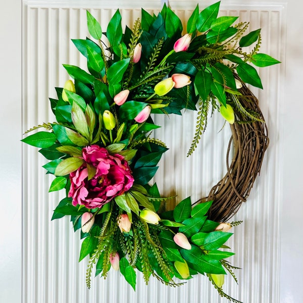 Spring-Inspired Watermelon Peony Tulip Wreath - Add Elegance to Your Home Decor Brighten Your Home with a Tulip Wreath - Tulip Peony Design