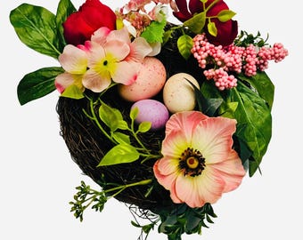 Spring Bird Nest Centerpiece: Floral & Eggs Farmhouse Decor