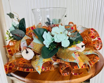 Fall Candle Centerpiece, Autumn Decor Gorgeous Deco Mesh Candle Wreath Fall Home Accent Farmhouse Tabletop, Country, Gift Pumpkin Decoration