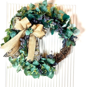 Fall Farmhouse Silver Dollar Eucalyptus Wreath with Berries Handcrafted Home Decor Wall Hanging Natural Eucalyptus Rustic Home Decor