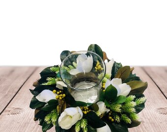 Everyday Tabletop, Magnolia Centerpiece, Candle Centerpiece, Spring Decor, Hurricane Centerpiece, Magnolia wreath, Candle Decor, Fall Floral