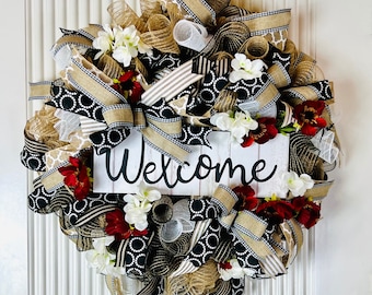 Farmhouse Front Door Wreath: Deco Mesh, Hydrangeas, Poppies, Welcome Sign