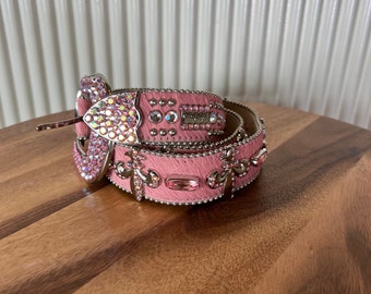 Vintage BB Simon Pink Leather Belt: Swarovski Crystal Accent (42