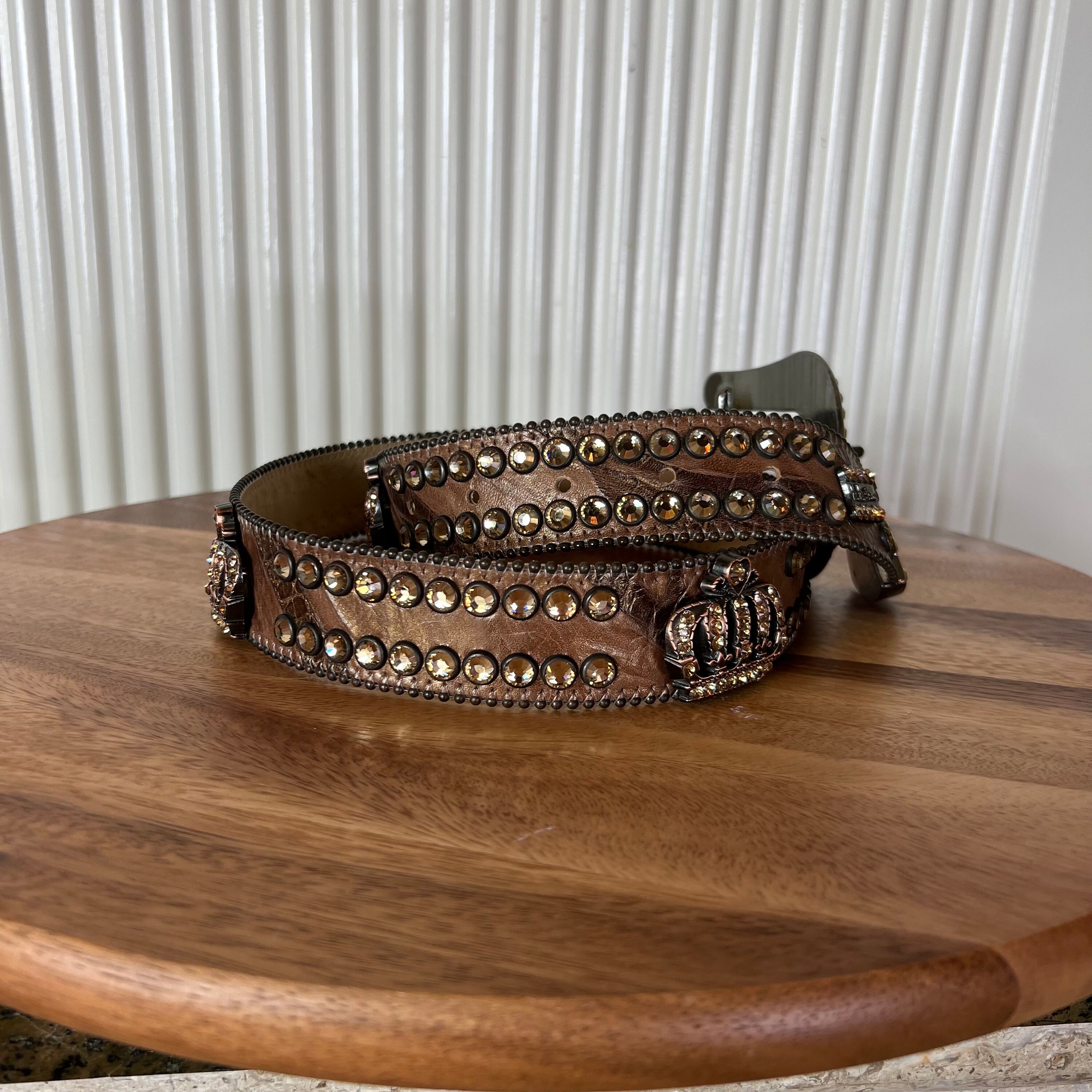 Vintage BB Simon Bronze Leather Belt: Swarovski Crystal  display picture 1