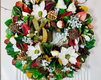 Jeweled Magnolia Wreath: Fall Farmhouse Thanksgiving Decor