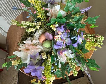 Floral Bird Nest with Eggs: Spring Tabletop Decor (14x14x6”)