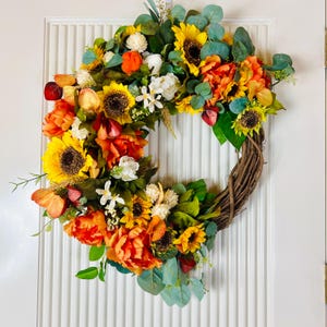 Everyday Wreath, Summer Mum Wreaths, Country Wreath, Peony Wreath for Front Door, Sunflower Outside Door wreath, Gifts For Her, Farmhouse