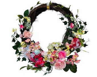 Floral Spring Egg Wreath: Pink Peony Front Door Decor