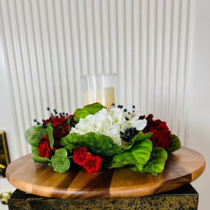 Hydrangea Geranium Candle Ring: Floral Table Wreath Centerpiece