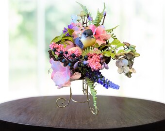 Floral Bird Nest Spring Decor: Handmade Farmhouse Table Centerpiece