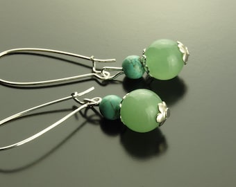 Boucles d'oreilles aventurine verte perles pierres précieuses argent