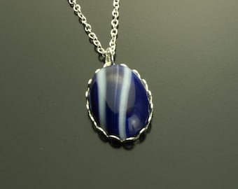 Chain Blue white agate gemstone cabochon Pendant Silver