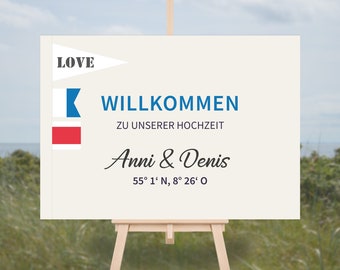 Poster Herzlich Willkommen zur Hochzeit maritim mit Flaggen ab 1 Stück