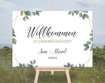 Schild Herzlich Willkommen zur Hochzeit Geometrisch Sechseck grüne Zweige ab 1 Stück