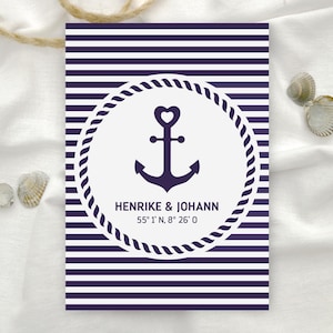 Maritime Einladung zur Hochzeit mit Anker und Streifen dunkelblau und weiß ab 10 Stück