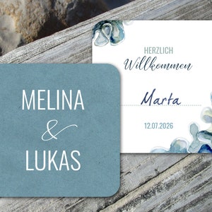 Bierdeckel eckig Hochzeit meerblau maritim Tischkarte ab 25 Stück