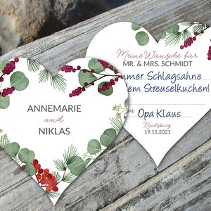 Bierdeckel Winter Hochzeit Herz grüne Zweige mit roten Beeren Wünsche für das Brautpaar ab 25 Stück