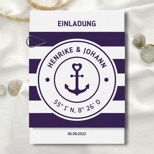 Karte Set Maritime Einladung zur Hochzeit mit Anker und Blockstreifen dunkelblau ab 10 Stück