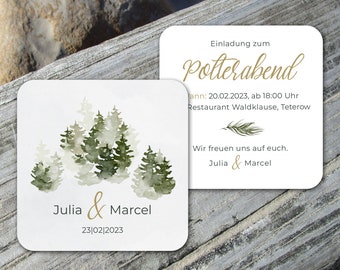 Square beer coaster invitation to the hen party winter wedding green firs from 25 pieces