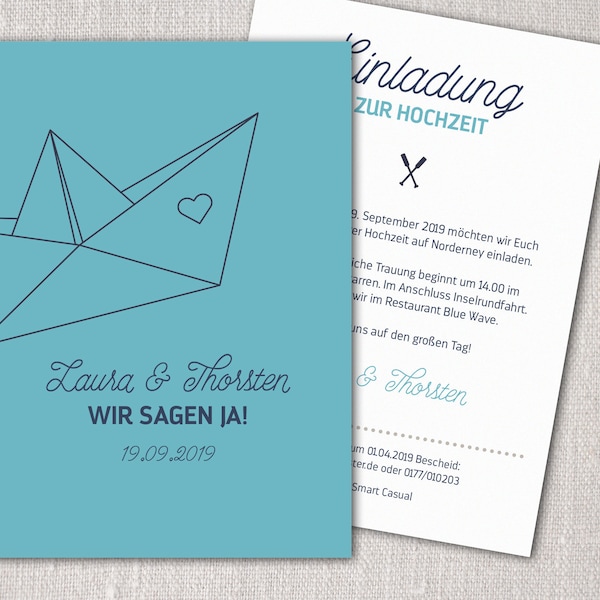 Maritime Einladung zur Hochzeit mit Papierboot Motiv ab 10 Stück