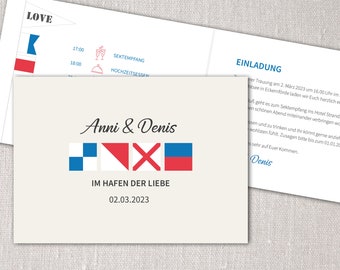 Maritime wedding invitation with flags in blue, white, red from 10 pieces