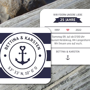 Bierdeckel Einladung Hochzeitstag Silberhochzeit Goldhochzeit Maritim mit Anker und Blockstreifen eckig ab 25 Stück