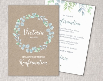 Invitation card for confirmation with eucalyptus wreath also confirmation, communion, youth celebration from 10 pieces