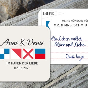 Bierdeckel eckig Hochzeit maritim mit Flaggen Wünsche für das Paar ab 25 Stück