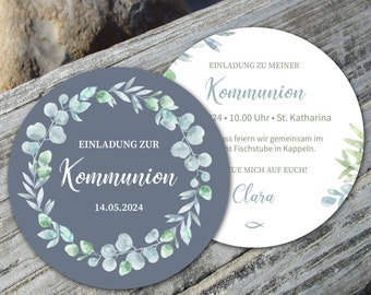 Beer mat invitation communion round eucalyptus wreath also confirmation youth celebration from 25 pieces