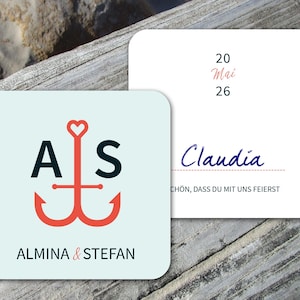 Bierdeckel eckig Tischkarte mit Angelhaken Hochzeit maritim ab 25 Stück