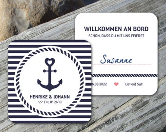 Bierdeckel eckig Hochzeit maritim mit Anker und Streifen Tischkarte ab 25 Stück