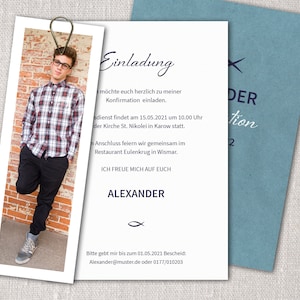 Einladung Karte Set zur Konfirmation Fotostreifen mit Fisch Motiv auch Firmung, Kommunion, Jugendfeier ab 10 Stück