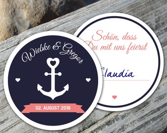 Bierdeckel Hochzeit maritim mit Anker Tischkarte ab 25 Stück