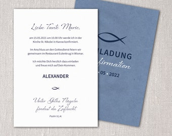 Personalisierte Einladung Karte zur Konfirmation mit Fisch Motiv auch Firmung, Kommunion, Jugendfeier ab 10 Stück