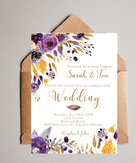 yellow purple wedding invitation printable customizable etsy