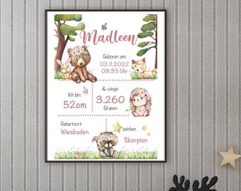 PNG Datei GEBURTSTAFEL Waldtiere Waldtierbabys Geburtsdaten Sublimieren Foto Geburtsanzeige Baby  personalisiertes Geschenk Geburt