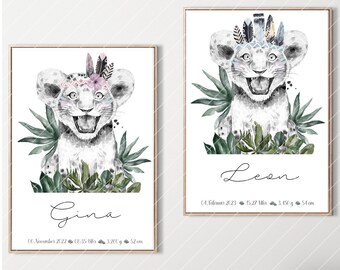 PNG Datei GEBURTSTAFEL Safari Löwe Geburtsdaten Sublimieren Foto Geburtsanzeige Baby  personalisiertes Geschenk Geburt Federn Tierbabys