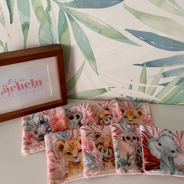 8er Set Babywaschlappen Feuchttücher Baumwolle Bambusfrottee altrosa Safari Mädchen Elefant Löwe Tiger Erdmännchen Savannah Korb