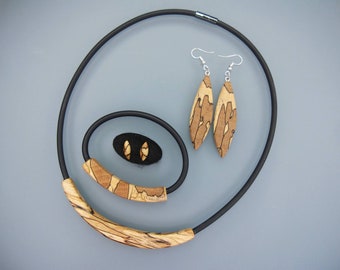 Holzschmuck Hals, Ohr und Armschmuck Set