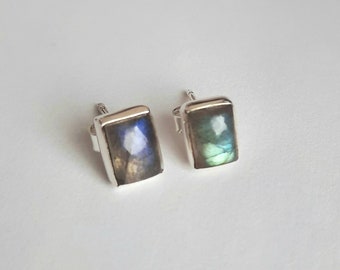 Labradorite earrings made of 925 silver with green-blue gemstone and rectangular shape