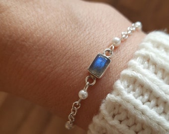 Labradorit Armband Silber 925, Stein Blau und Perlen.