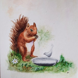 Imagem de esquilo pintada à mão e emoldurada para pendurar.
