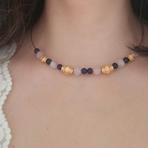 Golden layering necklaces with rose quartz stone, choker, pre-Columbian jewelry, gold plated image 3