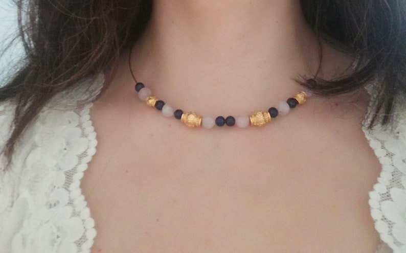 Golden layering necklaces with rose quartz stone, choker, pre-Columbian jewelry, gold plated image 3
