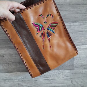 Boho leather bag with abstract mola art applique. Butterfly bag in natural color.