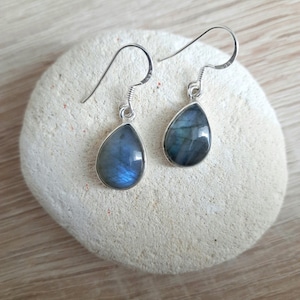 May include: A pair of silver dangle earrings with teardrop-shaped labradorite stones. The stones have a dark blue and green iridescent sheen.