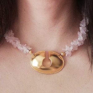 Rose Quartz Necklace, Pre-Columbian Jewelry Antique, Golden Layering Necklaces with Large Pendant
